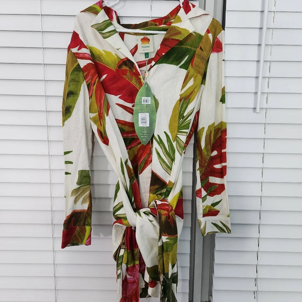 Farm Rio Spring Forest Mini Linen Blend Dress M - Picture 4 of 13